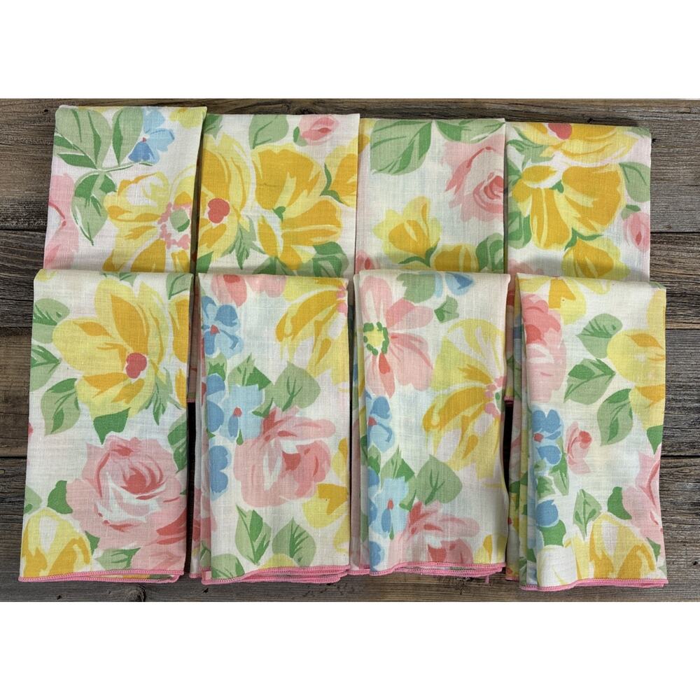 Vintage Handmade Cloth Napkins Set Of 8 Vivid Floral Roses Pink Yellow Blue Grn